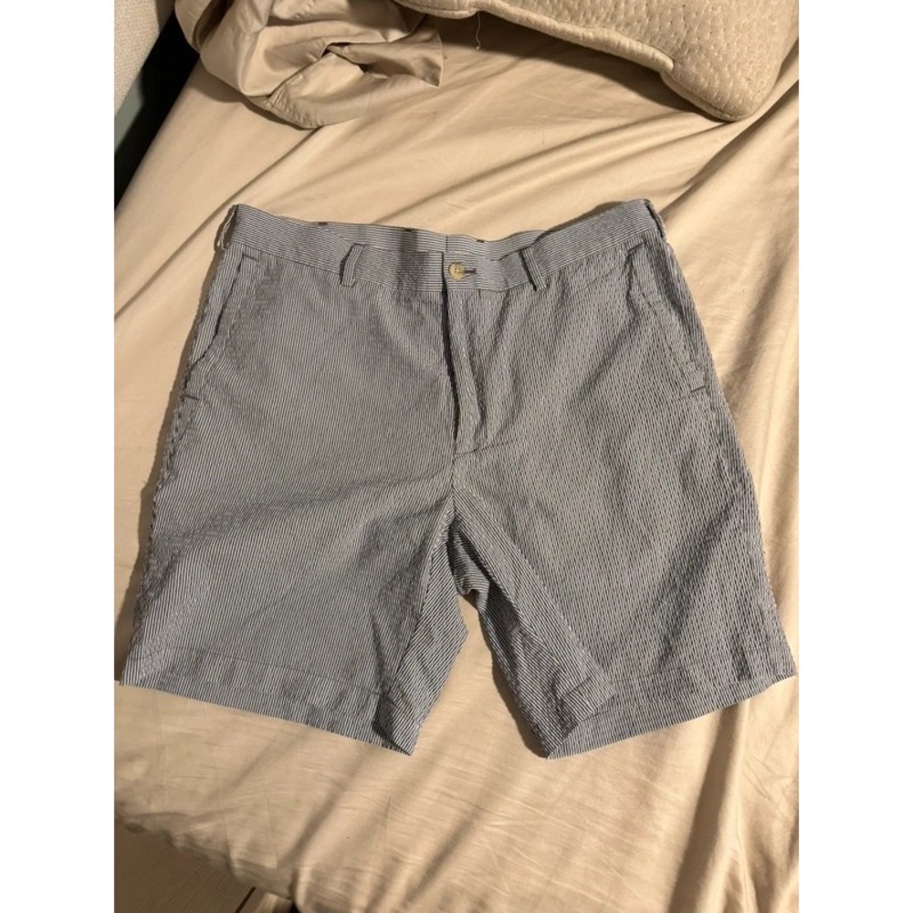 Mens Blue White Seersucker Striped Casual Shorts Summer Preppy Chino 34